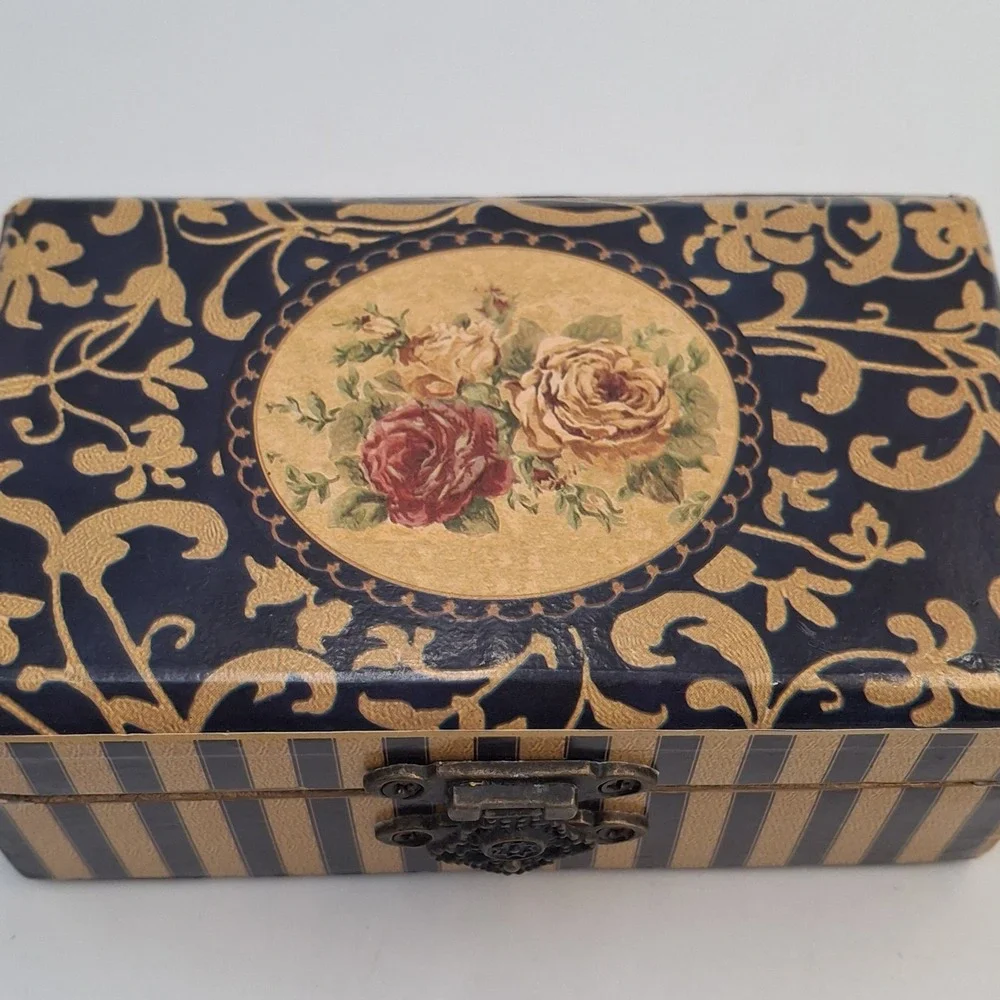 Vintage Small Wooden Jewelry Box Floral Rose Print Gold Foil Decoupage Latch